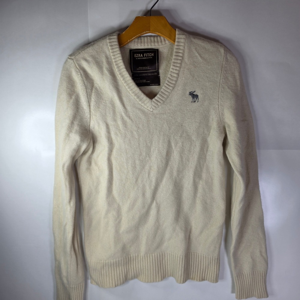Vintage Ezra Fitch Abercrombie 100% Cashmere V-Neck Sweater Cream Small Y2K Flaw